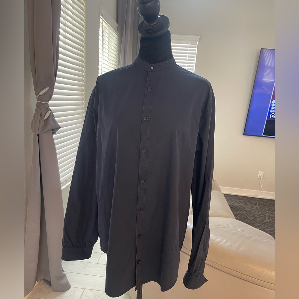J. Peterman collarless Shirt tunic Button Down Cotton Classic Tailored M